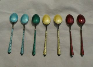 Vintage & Rare Ela Denmark Sterling Guilloche Enamel Demitasse Spoons - Set Of 7