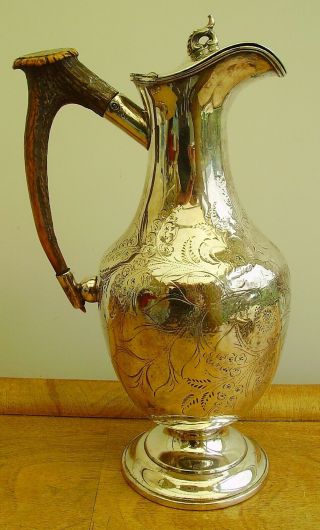 Old Antique Engraved Silver Plated Wine/claret Jug With Stag Antler Horn Handle