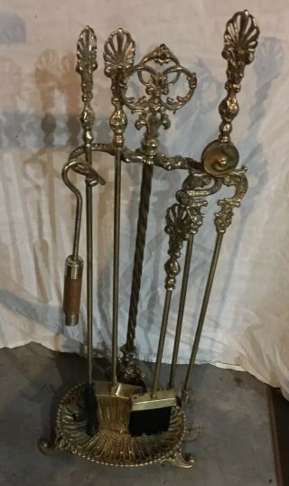 Vintage Ornate Brass Fireplace Tools Set,  Holder,  Poker,  Brush,  Tongs & Shovel