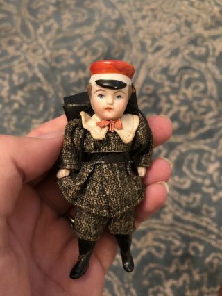 Very Rare Antique All Bisque Hertwig? 3.  75” German Boy Doll Dollhouse Mignoent