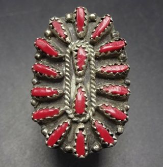 Classic Vintage Navajo Sterling Silver Red Coral Needlepoint Ring,  Size 7