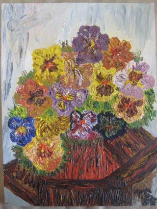 Antique Flowers Pansies Oil Painting Vintage Impressionist Impasto American Old