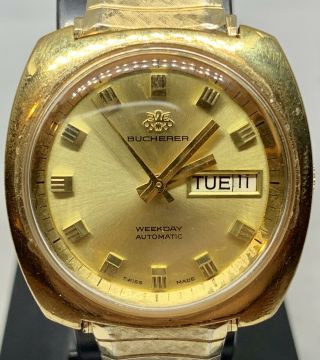 Gold Tone Swiss 25 Jewel Bucherer Weekday Automatic Watch For Repair/parts