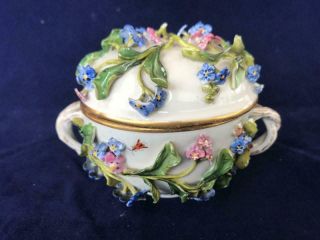 Fine Antique Meissen Porcelain Floral Encrusted Two Handled Lidded Dish.  C1880.