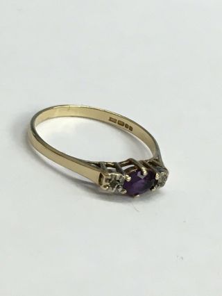 Vintage 9ct Gold Ring W/amethyst & Diamond Size Q1/2 1.  6grams