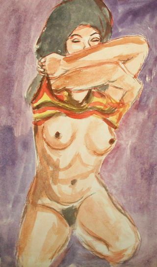 Vintage Impressionist Watercolor Painting Nude Woman Portrait