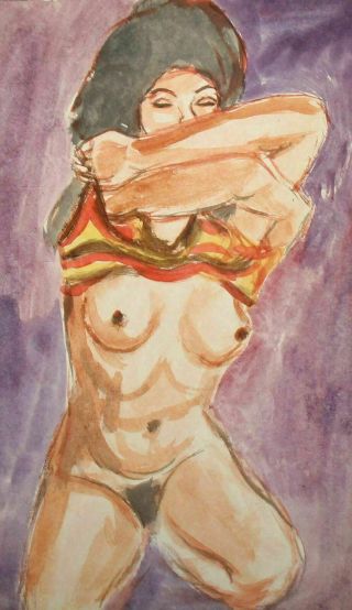 Vintage impressionist watercolor painting nude woman portrait 3