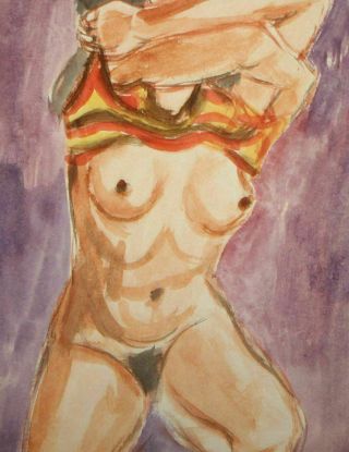 Vintage impressionist watercolor painting nude woman portrait 6