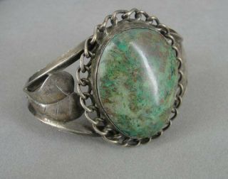 Vintage Turquoise Large Stone Signed Sterling Silver Hand Made Cuff Bracelet