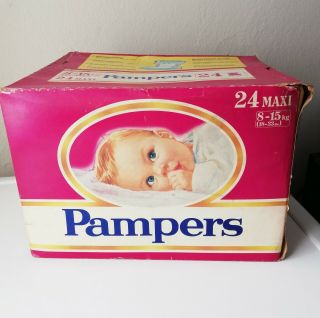 Vintage Pampers Full Box With 24 Maxi Plastic Diapers 8 - 15 Kg / 18 - 33 Lbs Htf