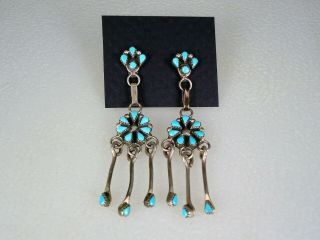 Vintage Zuni Sterling Silver & Petitpoint Turquoise Cluster Earrings W/ Dangles