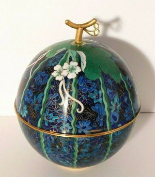 Vtg.  Large Blue Floral Cloisonne Round Ovoid Pumpkin/ Melon/ Gourd 7 7/8 "