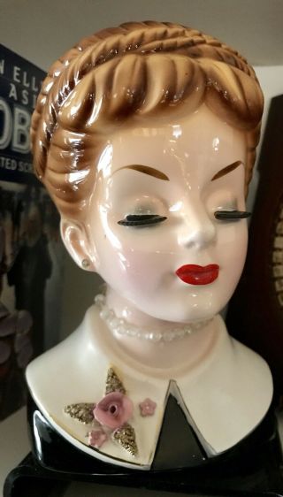 Vintage Head Vase Gorgeous Glossy Lady With Braid Pristine Ma