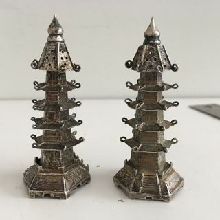 Vintage Antique Sterling Silver Pagoda Temple Salt & Pepper Shakers