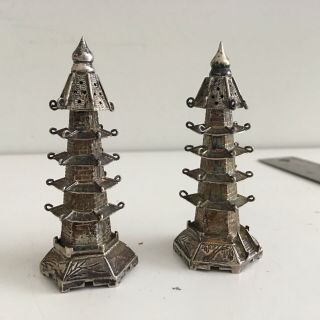 Vintage Antique Sterling Silver Pagoda Temple Salt & Pepper Shakers 2