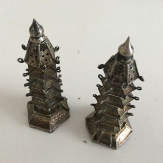 Vintage Antique Sterling Silver Pagoda Temple Salt & Pepper Shakers 3