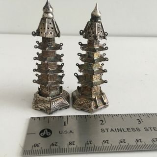 Vintage Antique Sterling Silver Pagoda Temple Salt & Pepper Shakers 7