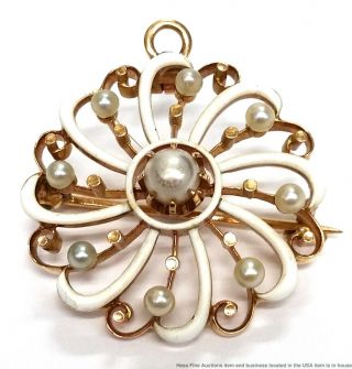 14k Gold White Enamel Cultured Pearl Antique Victorian Pendant Pin Vintage