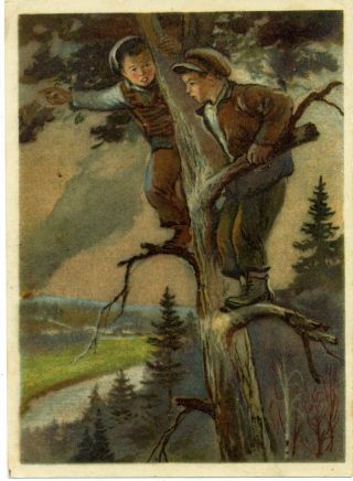 1943 Ww2 Orig Item " Occupants Are Retreating " Children Boys Russian Postcard