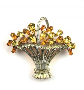 Vtg Crown Trifari Alfred Philippe Diamante Topaz Rhinestone Flower Basket Brooch