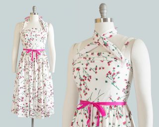 Vintage 1950s Sundress 50s Cherry Blossom Floral Cotton Dress Halter White Pink