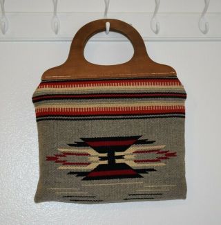 Vintage Chimayo Wool Woven Purse Handbag With Wood Handles Southwestern
