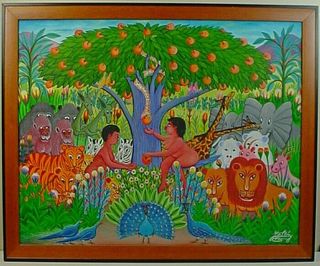Vintage Haitian Folk Art Painting ‘adam & Eve In The Garden Of Eden’