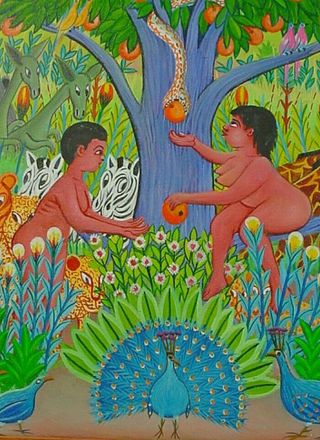 VINTAGE HAITIAN FOLK ART PAINTING ‘ADAM & EVE IN THE GARDEN OF EDEN’ 5