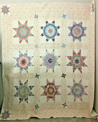 Vintage Hand Stitched Eight Point Star Quilt In Feed Sack Fabrics