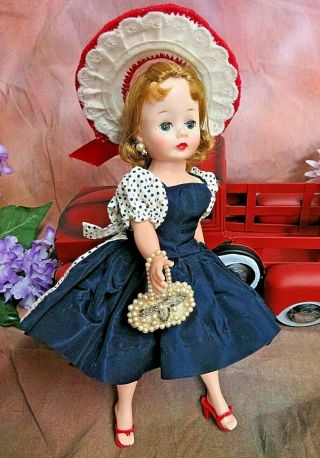Vintage 1950s Madame Alexander Cissette Doll Tagged Navy Polka Dot Dress Purse