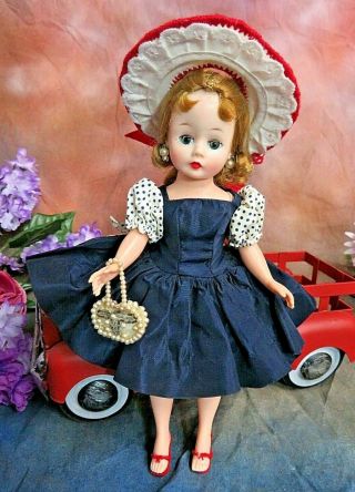 VINTAGE 1950s Madame Alexander CISSETTE DOLL tagged NAVY polka dot DRESS purse 2