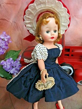 VINTAGE 1950s Madame Alexander CISSETTE DOLL tagged NAVY polka dot DRESS purse 3