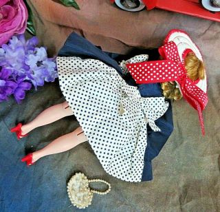 VINTAGE 1950s Madame Alexander CISSETTE DOLL tagged NAVY polka dot DRESS purse 6