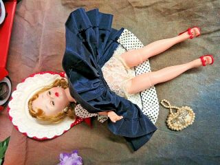 VINTAGE 1950s Madame Alexander CISSETTE DOLL tagged NAVY polka dot DRESS purse 8