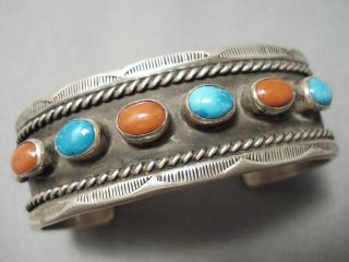Striking Vintage Navajo Domed Coral Turquoise Sterling Silver Bracelet Old