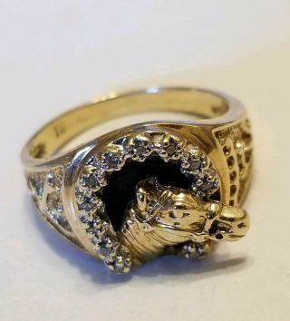 Vtg 10k Yellow Gold Diamond Lucky Horseshoe Horse Head Ring 4.  6g Sz 6.  5 Estate