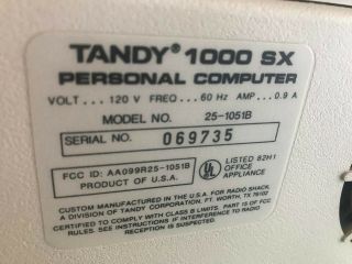 Tandy 1000SX 1000 SX Computer PC with Keyboard Vintage 5.  25, 6