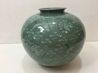 Vintage Korean Celadon Crane Green Glazed Ceramic Vase,  Signed,  8 " Tall X 9 " W