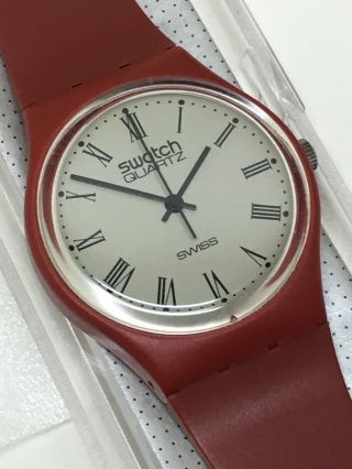 Vintage Swatch Watch Gr101 1983 Roman Numerals Seven Holes Band Very Rare Red
