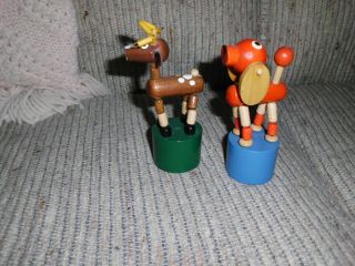 2 Vintage Wooden Reindeer And Dog Push Puppet Toys