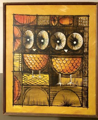 Xl Vintage Mid Century Owl Bird Buffet Style Painting Art 37” Paris Sch