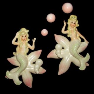 Vintage Lefton Pink Mermaid W Starfish Wall Plaques With Bubbles