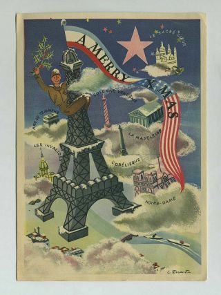 Vintage 1944 Wwii Ww2 Us Patriotic Paris France Christmas Greeting Card Wz5815