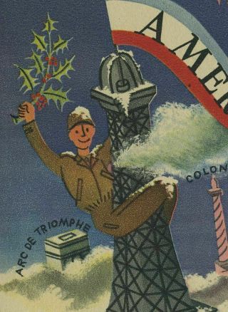 Vintage 1944 WWII WW2 US Patriotic Paris France Christmas Greeting Card wz5815 4