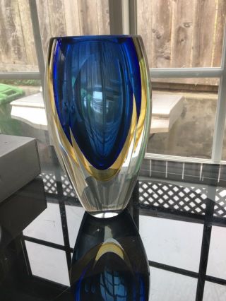Vintage Cased Faceted Murano Sommerso Blue Amber Clear Deco Glass Vase