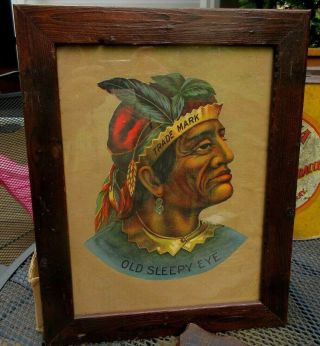 Vintage Indian Chief Old Sleepy Eye Advertising Sign Framed Under Glass