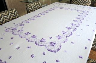Vintage Huge Hand Embroidered Floral Linen Tablecloth 113 X 66,  12 Napkins