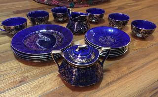 Antique Vintage Limoges Blue Royal Mazarine Tea 18 Set Plate Cup Sugar Creamer