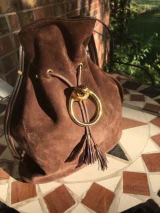 Vintage Gucci Brown Suede Leather Drawtop Bucket Panther Head Bag Italy Look