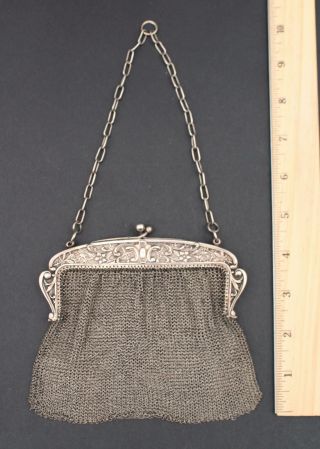Small Antique Victorian 800 Silver Repousse Mesh Purse Bag Pocketbook,  Nr